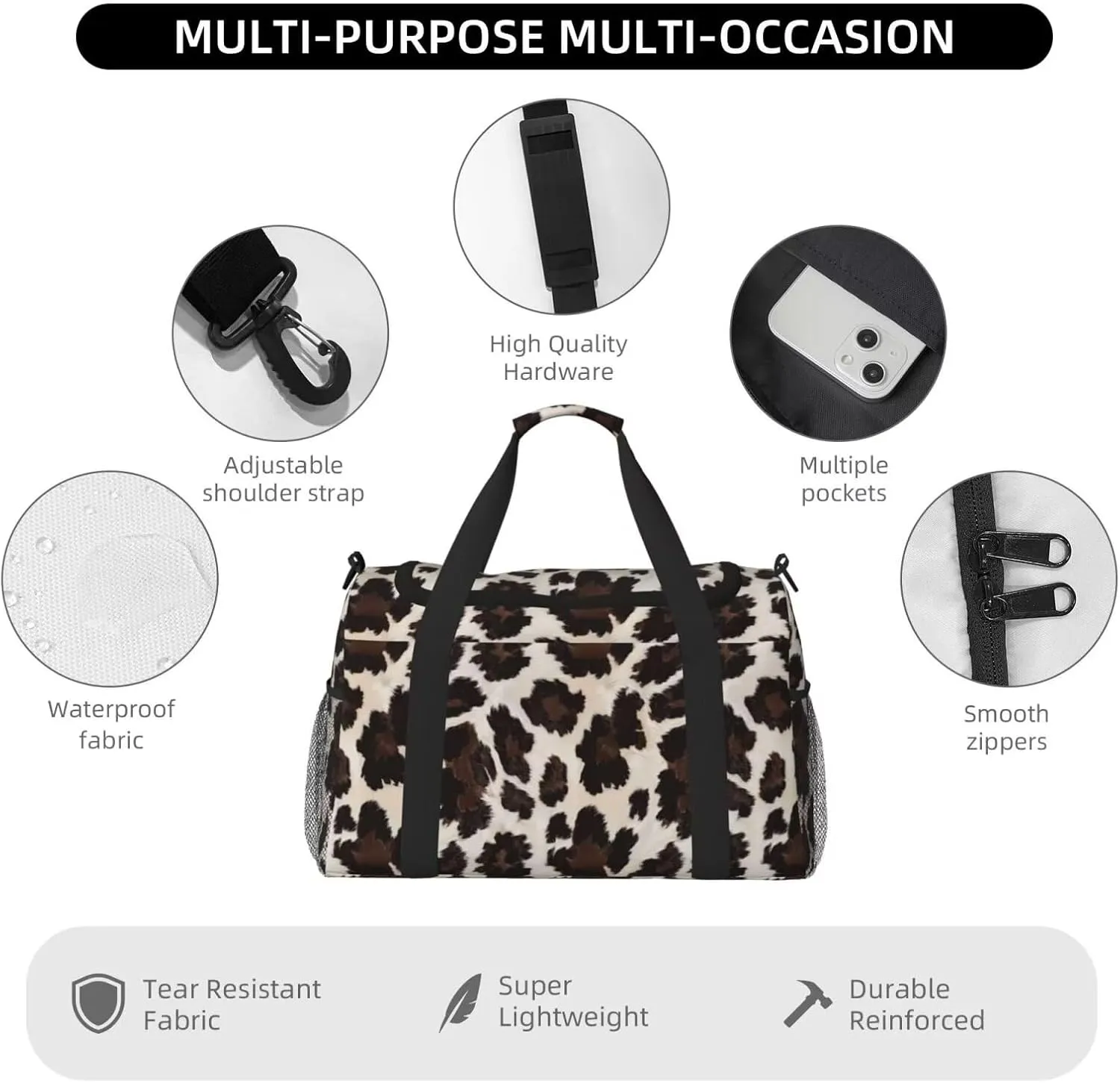 Luggage Bag Cow Cowhide Print Duffel Bag Highland Cow Spot Weekender Bags Workout Overnight Gym Bag for Women with Shoe Compartment, Large Travel Bags for Women Men Travel