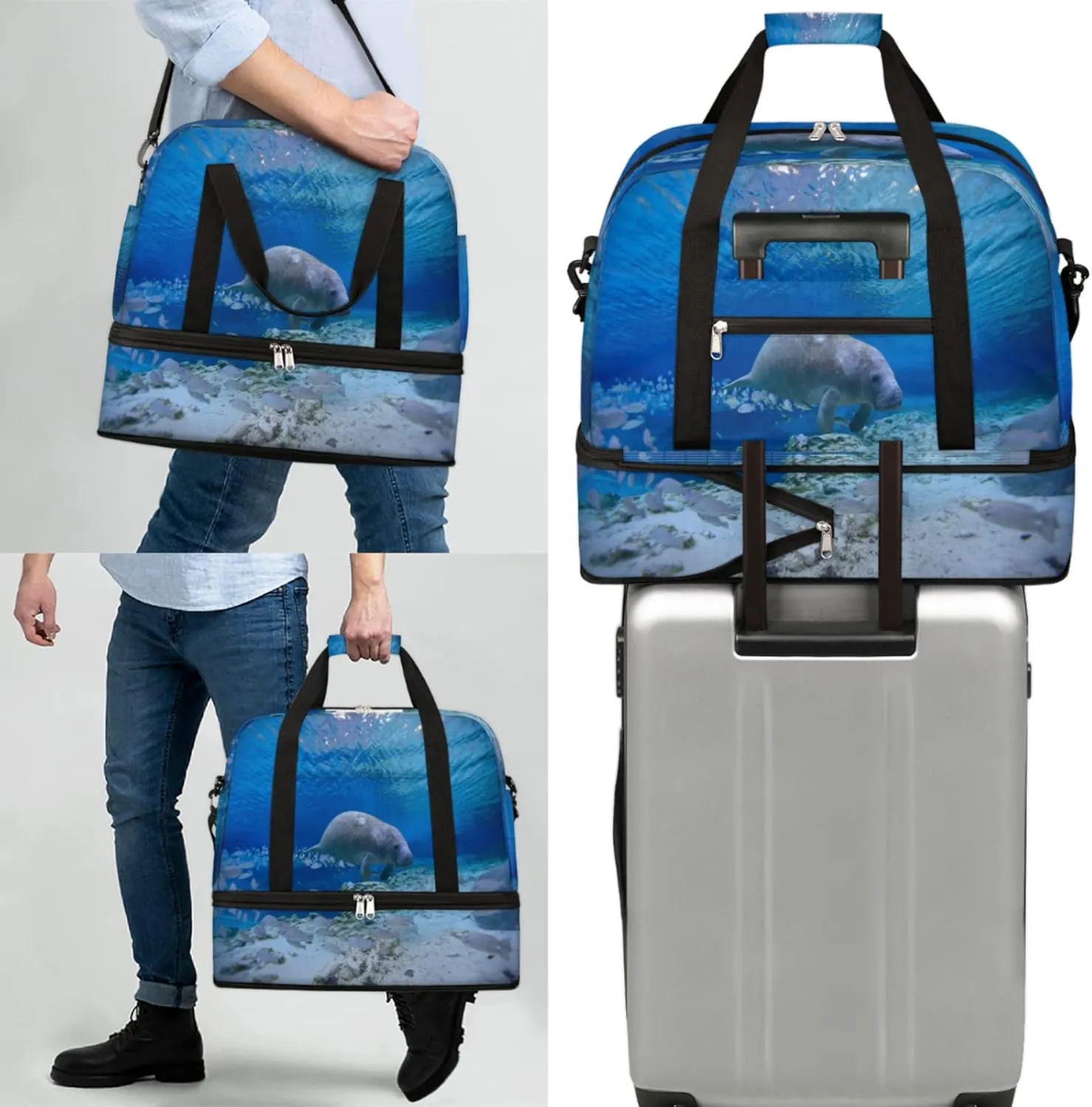 Manatee Ocean Foldable Travel Duffel Bag Tote Carry On Luggage Sports Gym Bag With Shoe Compartment For Woman Man Overnight Weekend Yoga Workout Bag Training Handbag