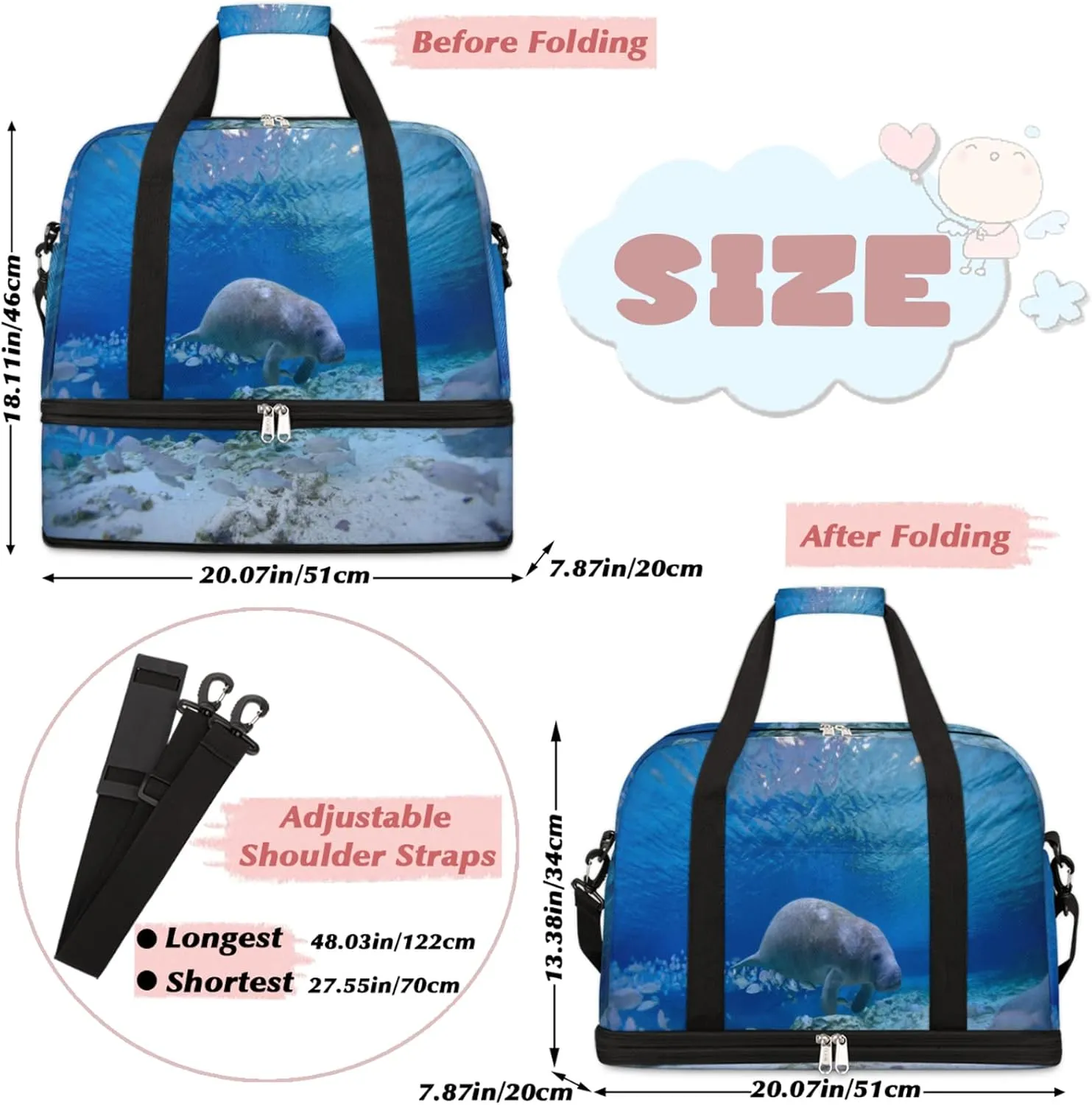 Manatee Ocean Foldable Travel Duffel Bag Tote Carry On Luggage Sports Gym Bag With Shoe Compartment For Woman Man Overnight Weekend Yoga Workout Bag Training Handbag