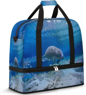 Manatee Ocean Foldable Travel Duffel Bag Tote Carry On Luggage Sports Gym Bag With Shoe Compartment For Woman Man Overnight Weekend Yoga Workout Bag Training Handbag