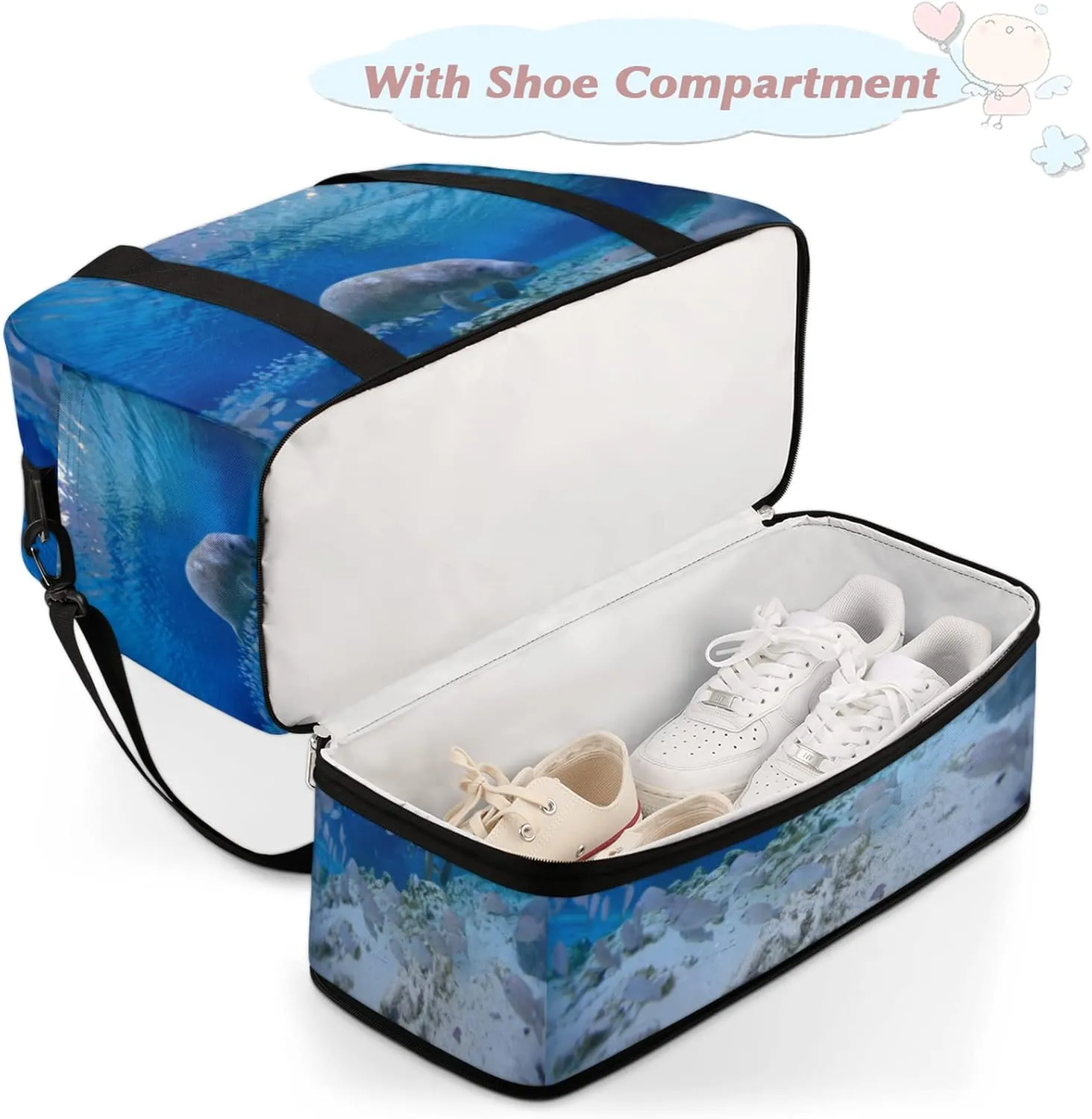Manatee Ocean Foldable Travel Duffel Bag Tote Carry On Luggage Sports Gym Bag With Shoe Compartment For Woman Man Overnight Weekend Yoga Workout Bag Training Handbag