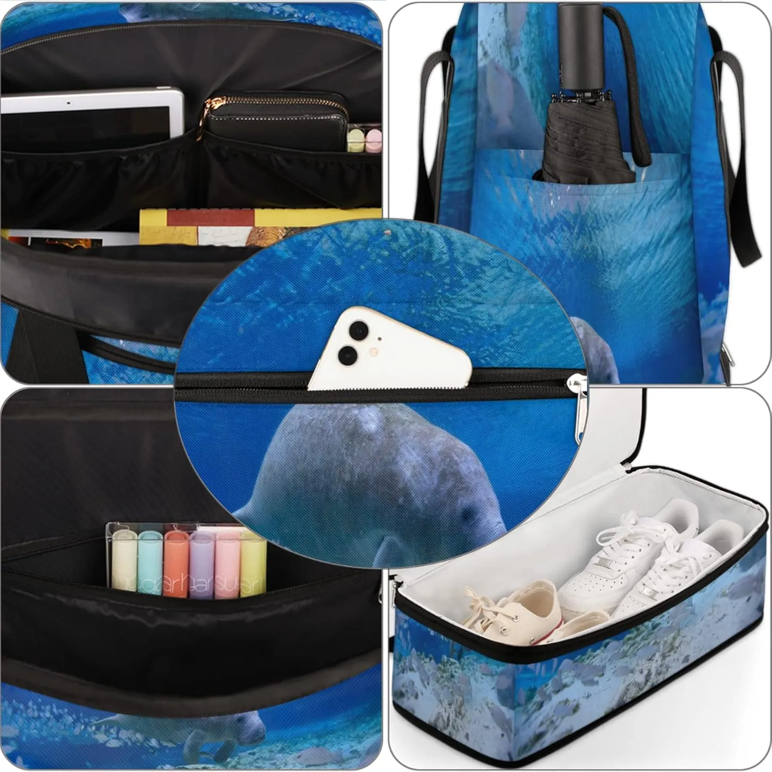 Manatee Ocean Foldable Travel Duffel Bag Tote Carry On Luggage Sports Gym Bag With Shoe Compartment For Woman Man Overnight Weekend Yoga Workout Bag Training Handbag