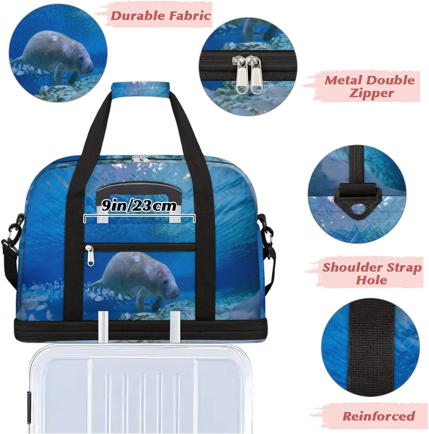 Manatee Ocean Foldable Travel Duffel Bag Tote Carry On Luggage Sports Gym Bag With Shoe Compartment For Woman Man Overnight Weekend Yoga Workout Bag Training Handbag