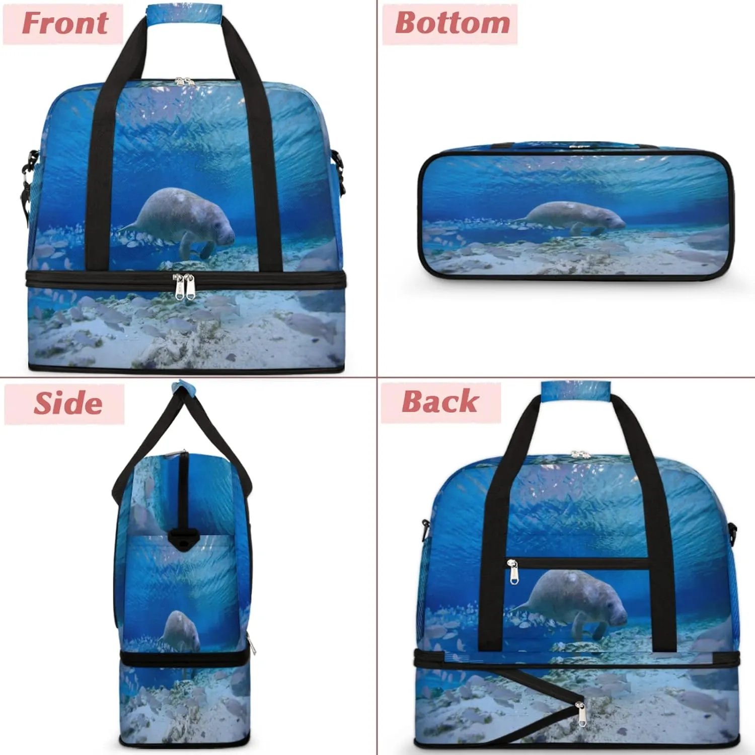Manatee Ocean Foldable Travel Duffel Bag Tote Carry On Luggage Sports Gym Bag With Shoe Compartment For Woman Man Overnight Weekend Yoga Workout Bag Training Handbag
