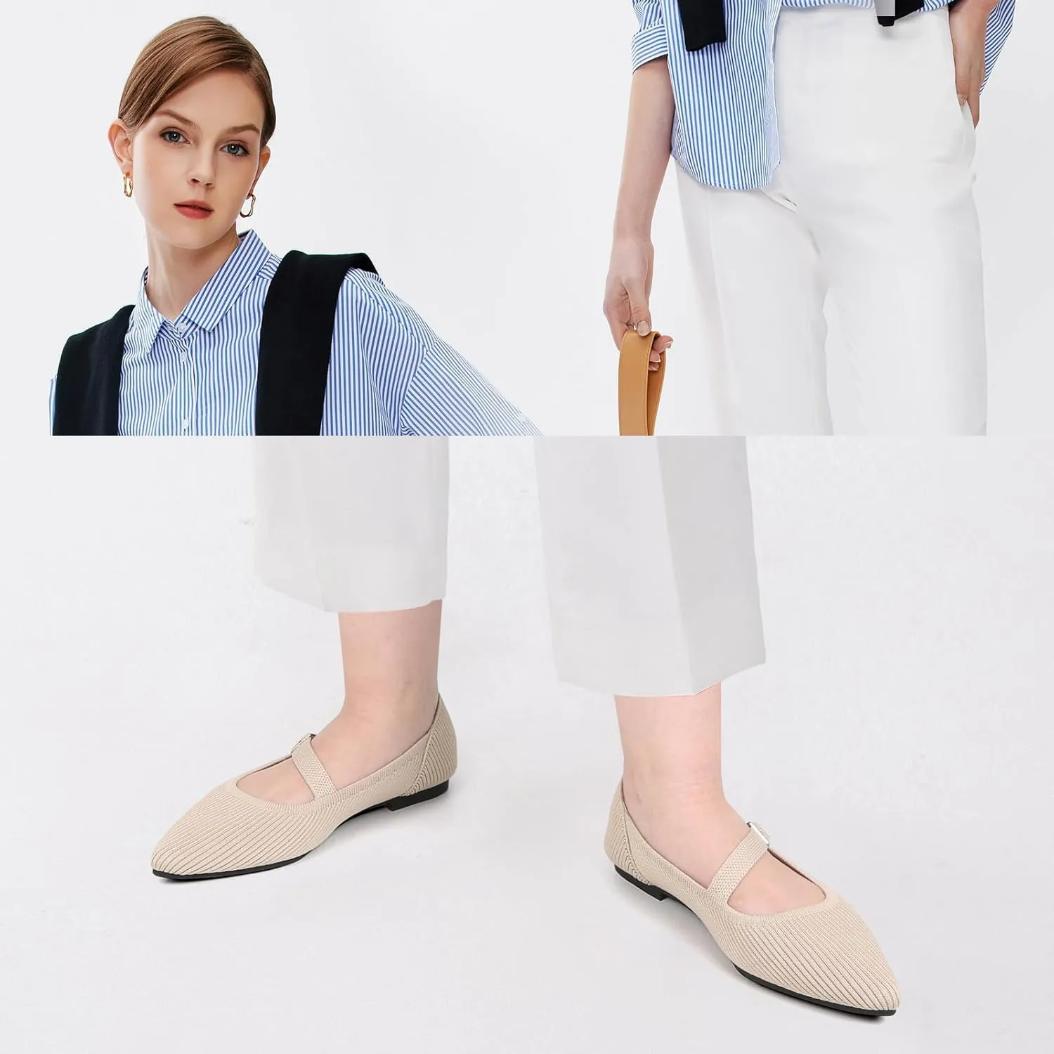 Mary Jane Flats Shoes Women Pointed Toe Ballet Flats Dressy Flats for Women Knit Flats Comfort Breathable Lightweight Washable Flats Shoes