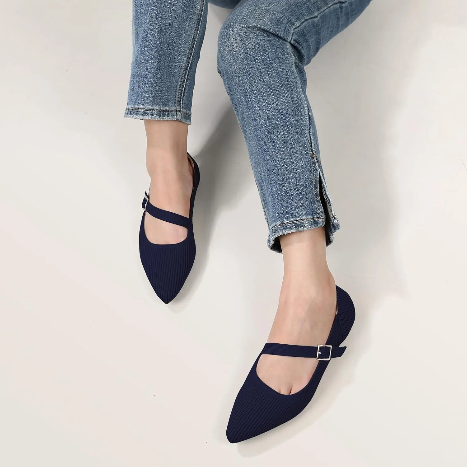 Mary Jane Flats Shoes Women Pointed Toe Ballet Flats Dressy Flats for Women Knit Flats Comfort Breathable Lightweight Washable Flats Shoes