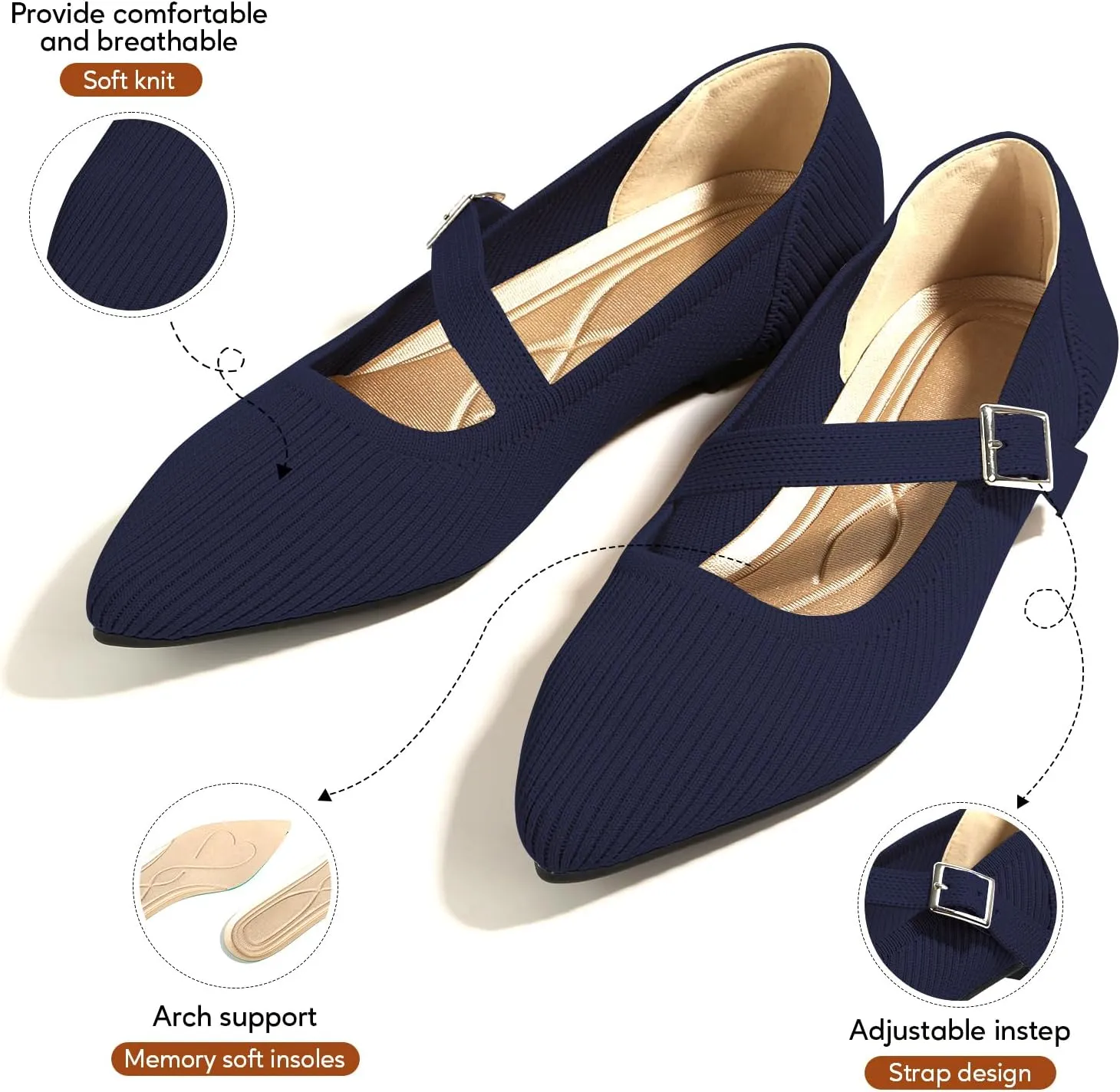 Mary Jane Flats Shoes Women Pointed Toe Ballet Flats Dressy Flats for Women Knit Flats Comfort Breathable Lightweight Washable Flats Shoes