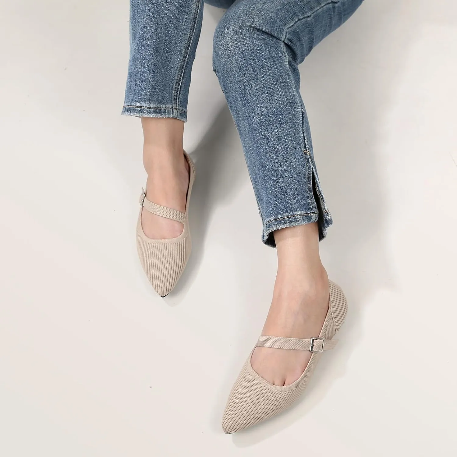 Mary Jane Flats Shoes Women Pointed Toe Ballet Flats Dressy Flats for Women Knit Flats Comfort Breathable Lightweight Washable Flats Shoes