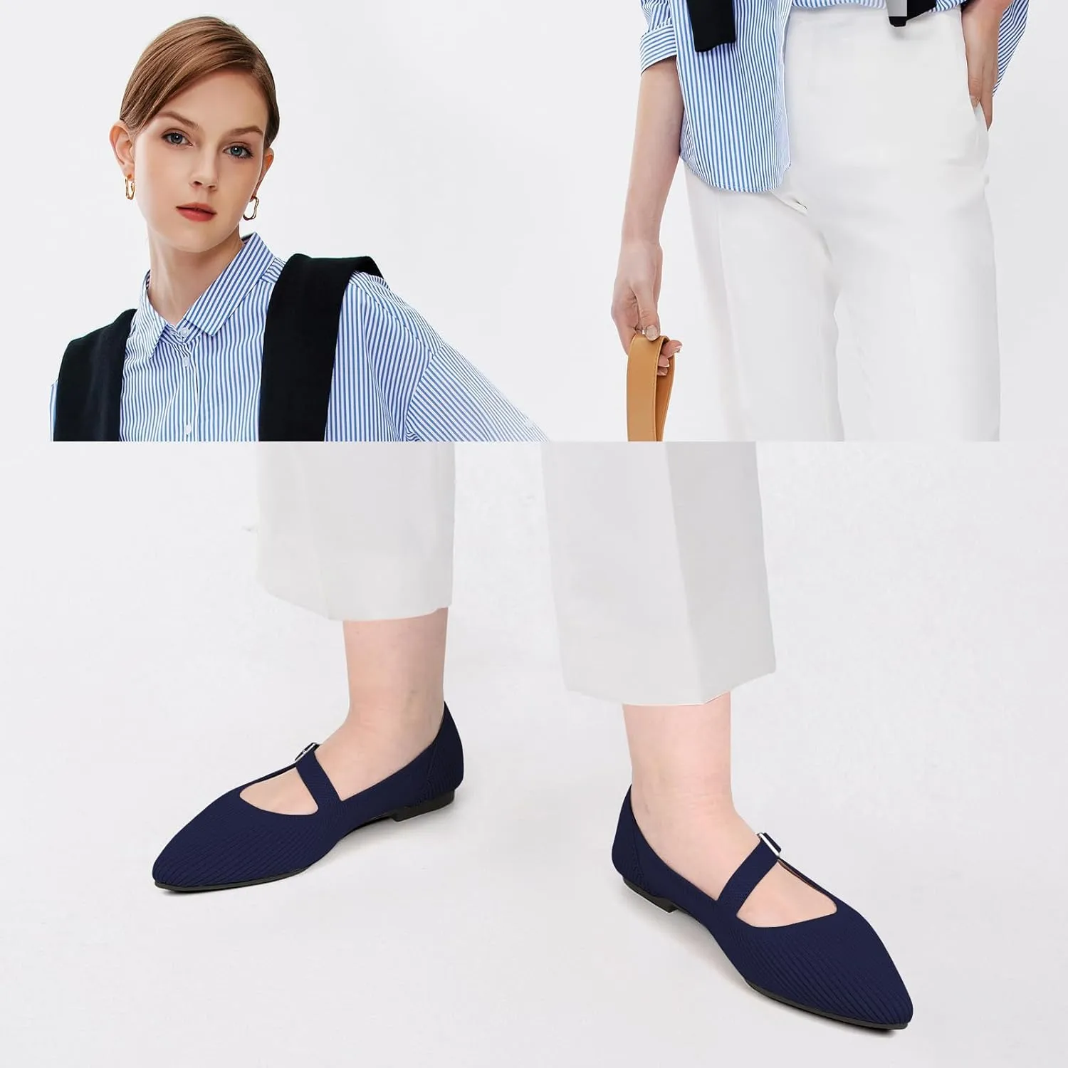Mary Jane Flats Shoes Women Pointed Toe Ballet Flats Dressy Flats for Women Knit Flats Comfort Breathable Lightweight Washable Flats Shoes