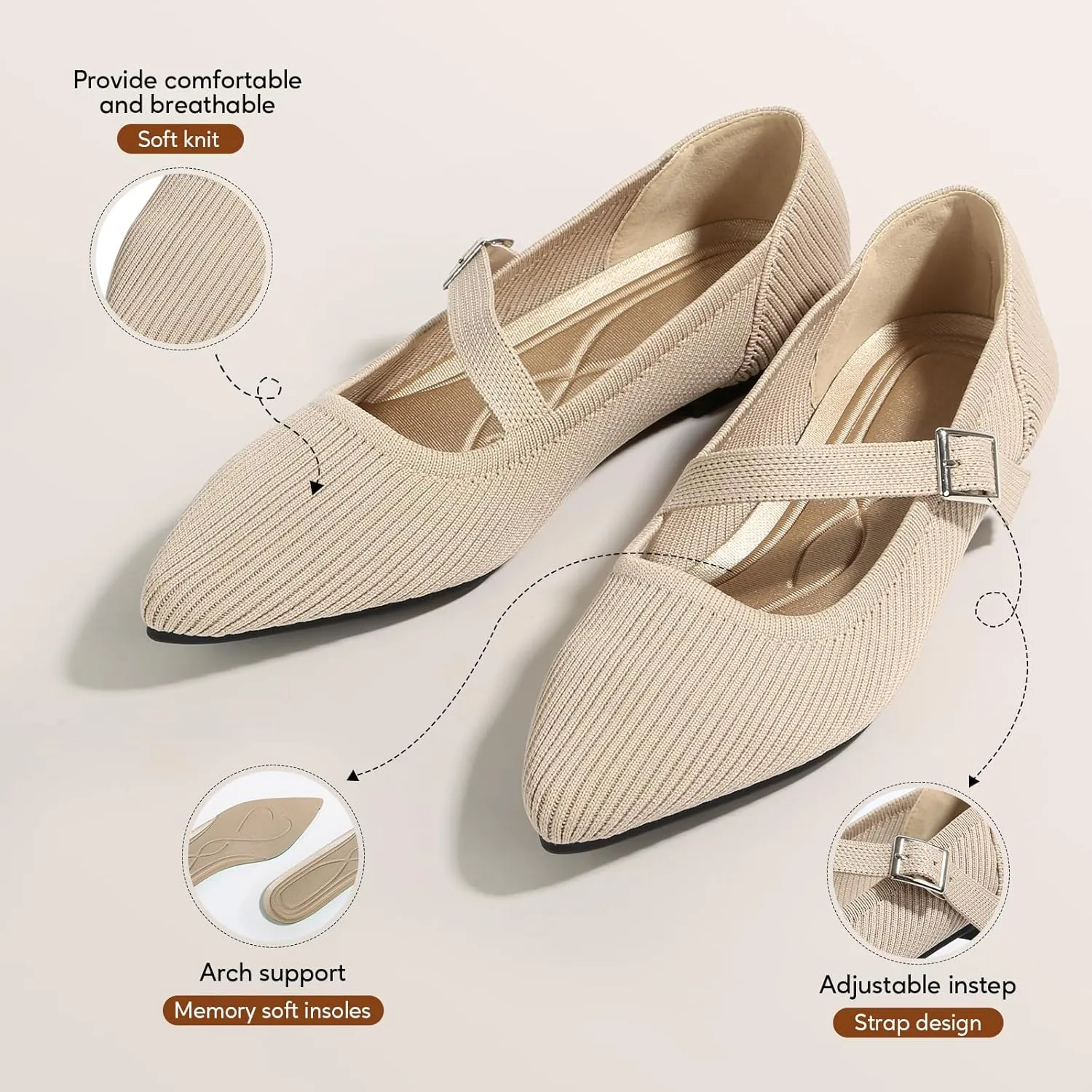 Mary Jane Flats Shoes Women Pointed Toe Ballet Flats Dressy Flats for Women Knit Flats Comfort Breathable Lightweight Washable Flats Shoes