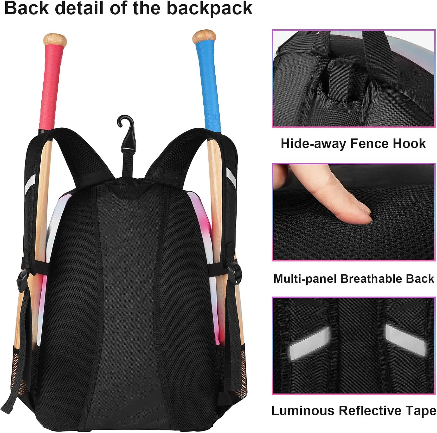 MATEIN Softball Bag, Lightweight Baseball Backpack with Shoe Compartment, Baseball Bag with Fence Hook for TBall Bat & Equipment, Softball Gifts Catchers Backpack for Women Fit Batting Glove, Helmet