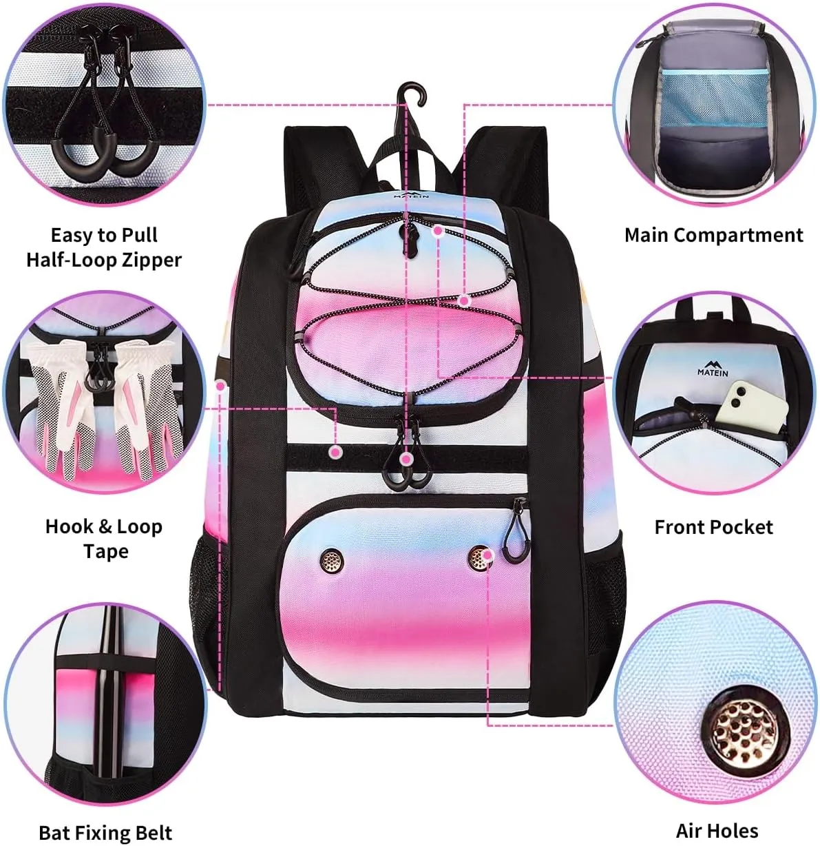MATEIN Softball Bag, Lightweight Baseball Backpack with Shoe Compartment, Baseball Bag with Fence Hook for TBall Bat & Equipment, Softball Gifts Catchers Backpack for Women Fit Batting Glove, Helmet