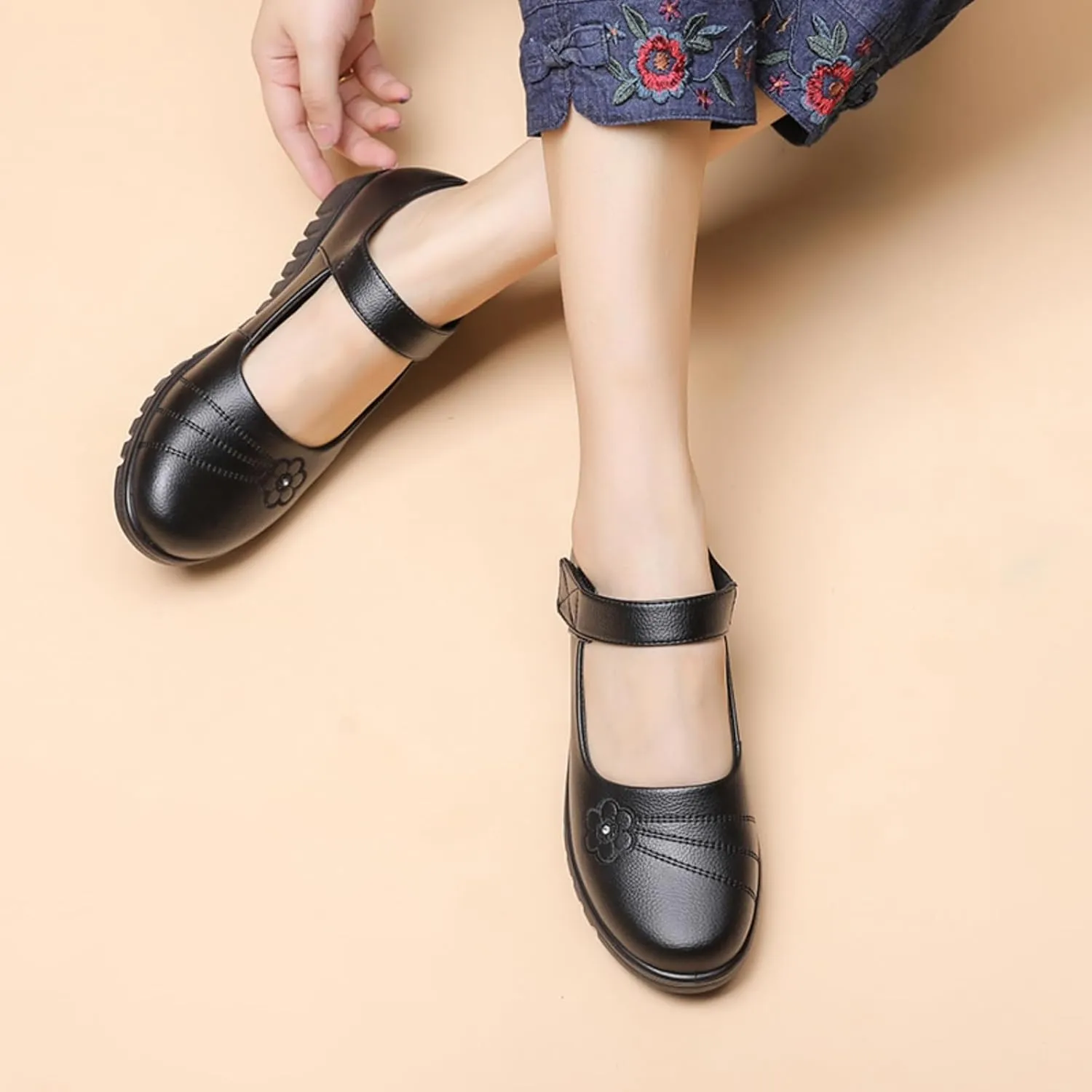 MEMON Women's Mary Jane Flats,Comfort Casual Slip On Loafers,Black Round Toe Low Heel Walking Shoes