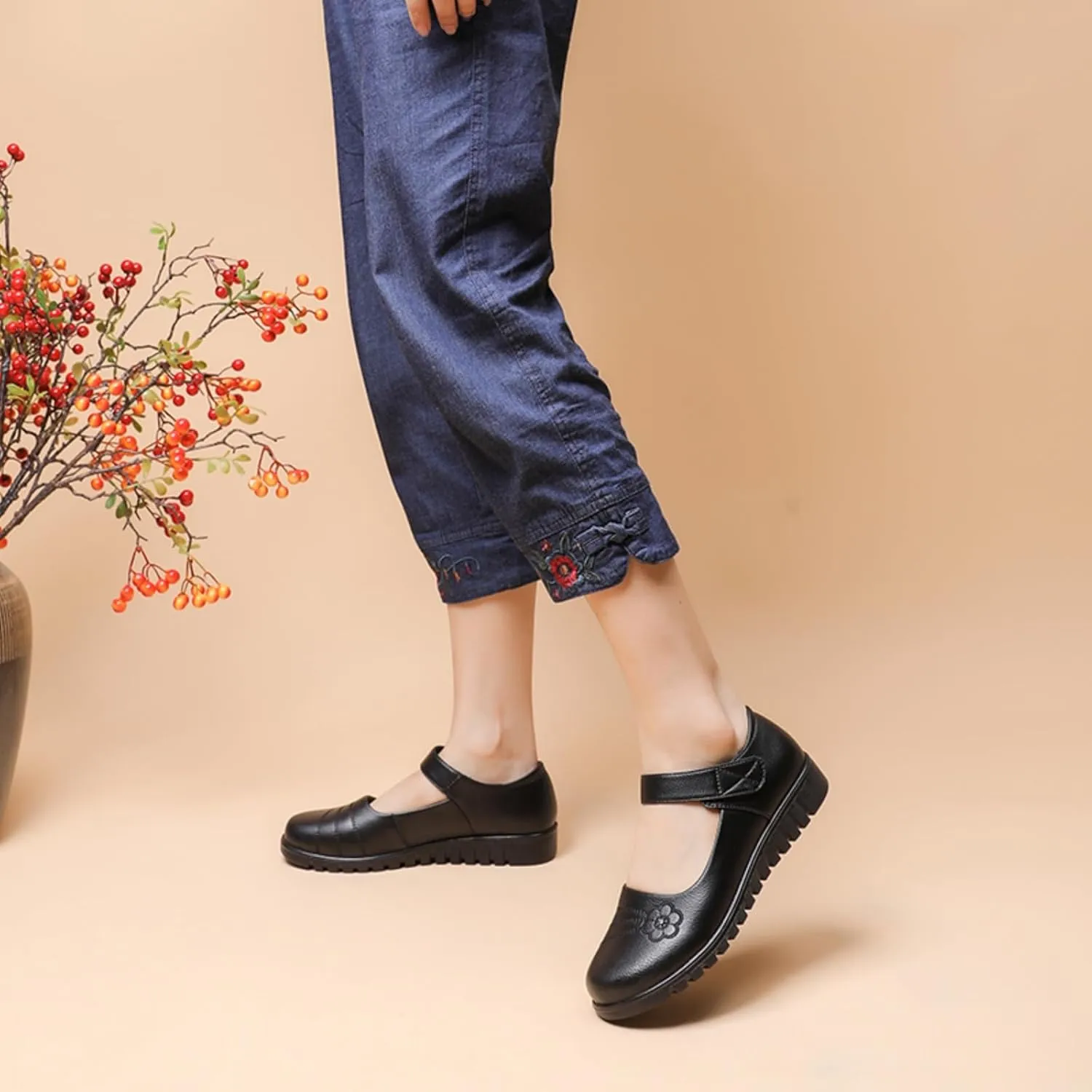 MEMON Women's Mary Jane Flats,Comfort Casual Slip On Loafers,Black Round Toe Low Heel Walking Shoes