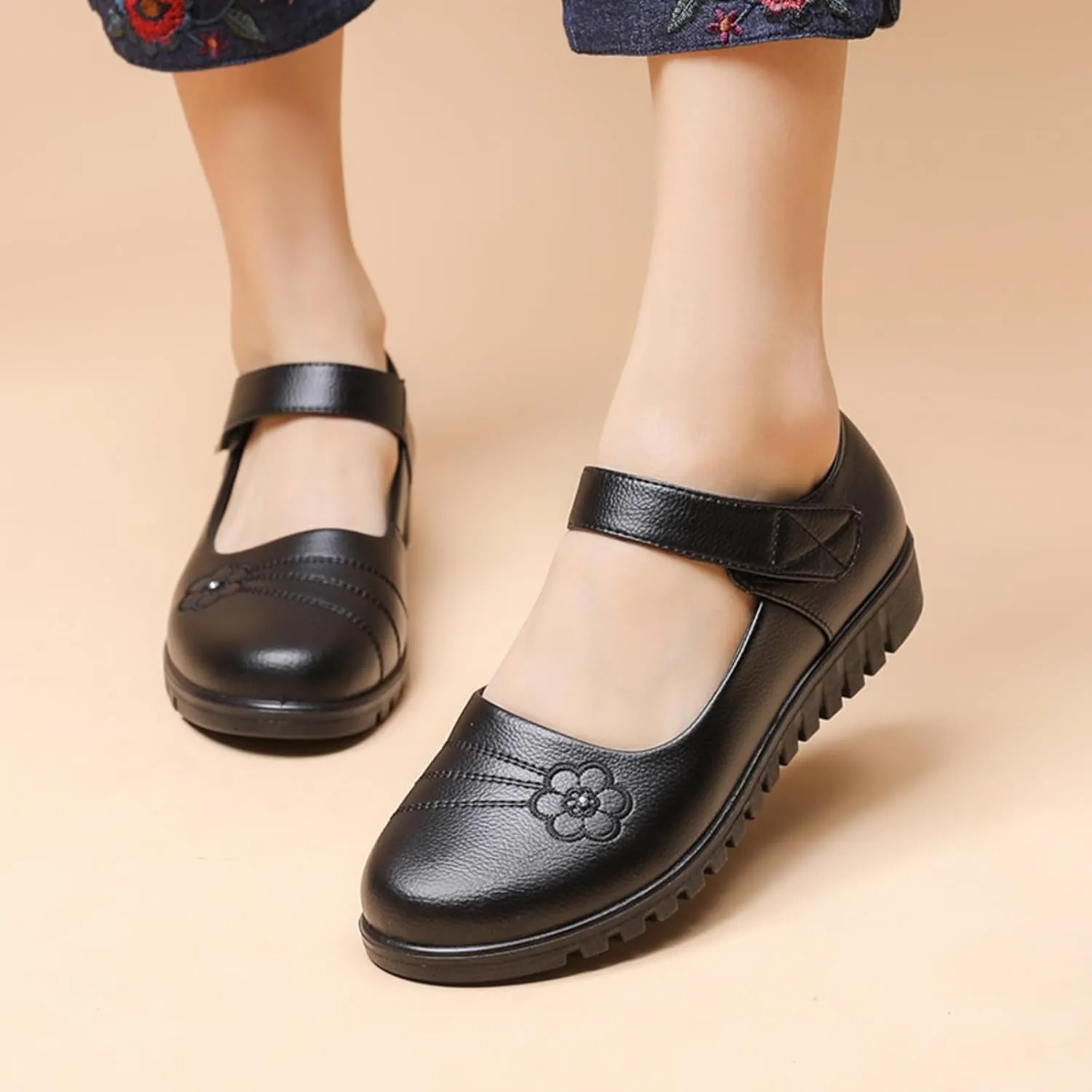 MEMON Women's Mary Jane Flats,Comfort Casual Slip On Loafers,Black Round Toe Low Heel Walking Shoes