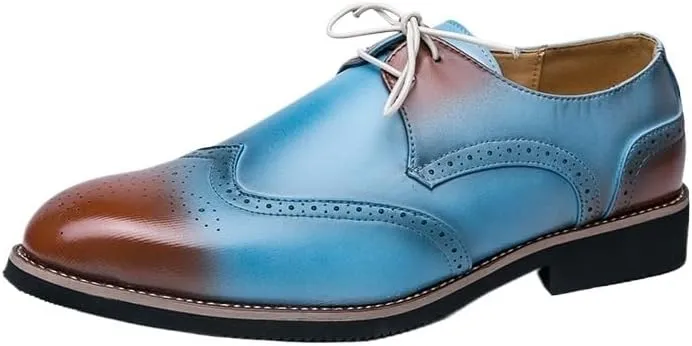 Men Casual Pointed Toe Gradient Design Tuxedo Oxford Fashion Classic Carved Lace Up Leather Low Heels Dress Shoes(8.5)