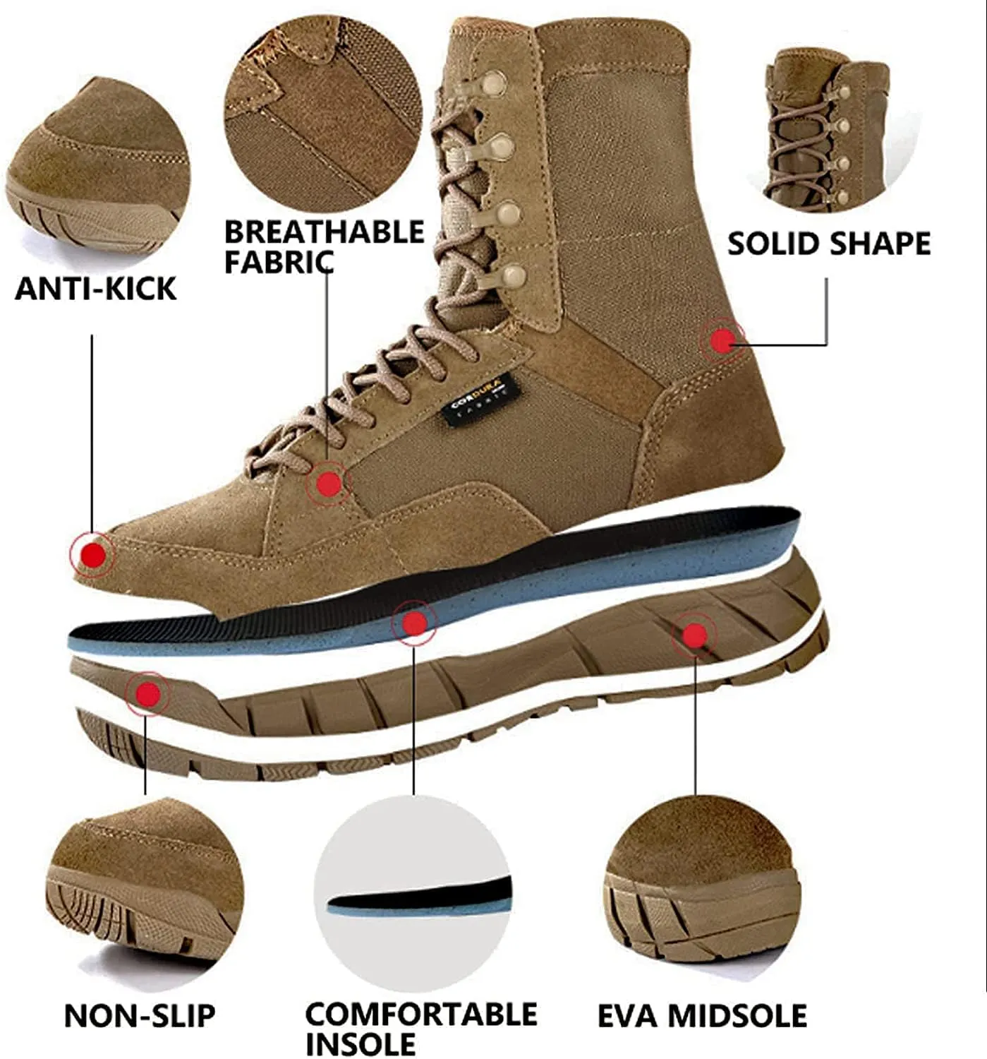 Men's 8 inch Tactical Boots Outdoor Casual Lightweight Coyote Military Boots for Hiking Work Combat