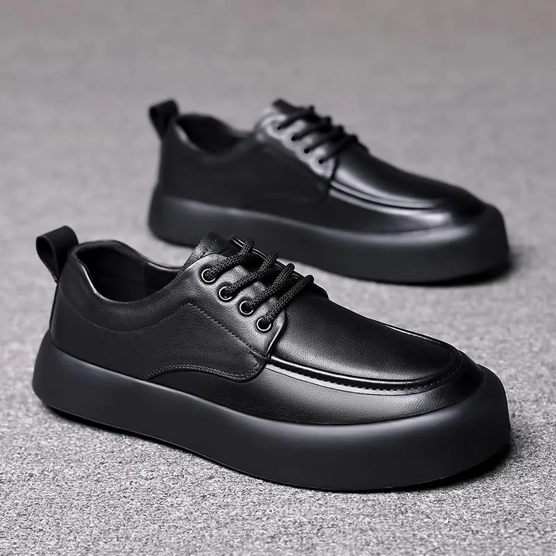 Mens Black Derby Dress Shoes British Style Round Toe Thick Sole Leather Formal Business Casual Oxford Shoes