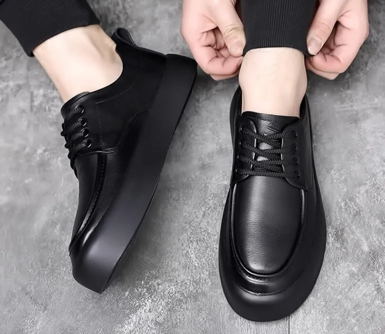 Mens Black Derby Dress Shoes British Style Round Toe Thick Sole Leather Formal Business Casual Oxford Shoes