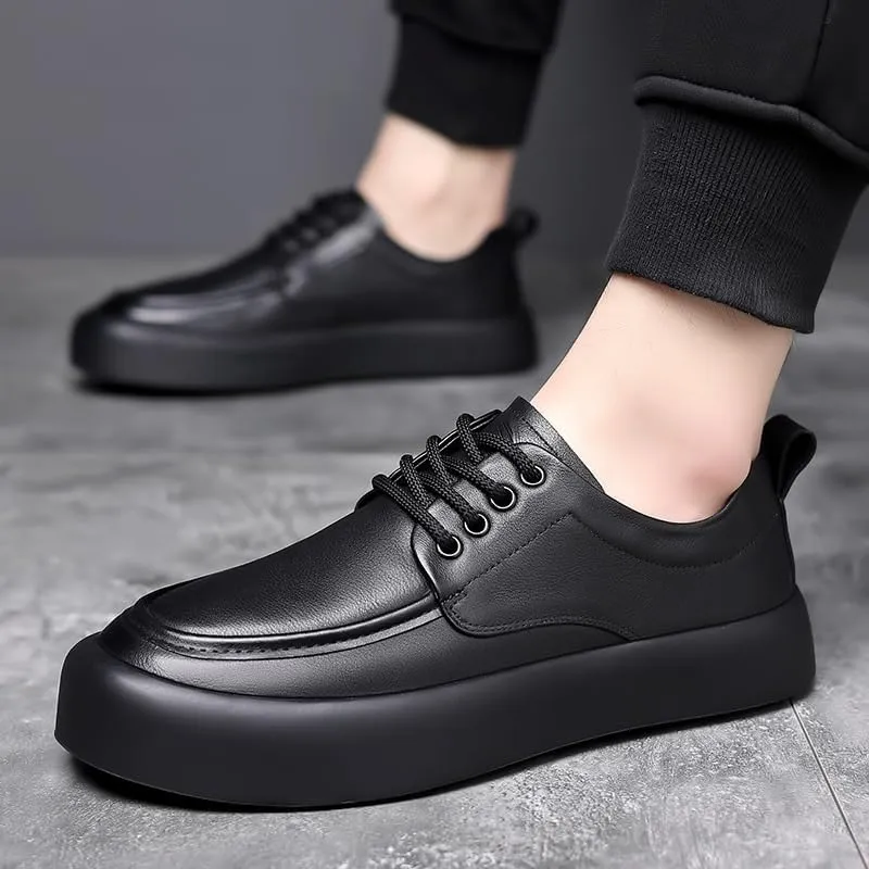 Mens Black Derby Dress Shoes British Style Round Toe Thick Sole Leather Formal Business Casual Oxford Shoes