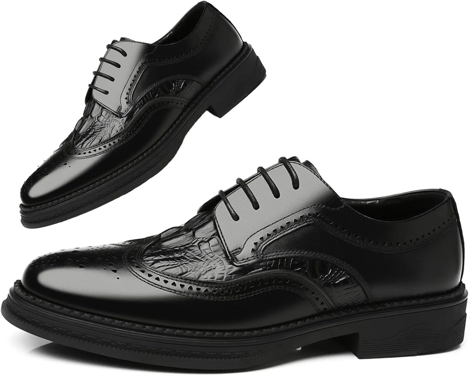 Men's Brogue Luxury Dress Crocodile Oxford Shoe Cowhide Leather Texture Lace-Up Wing Tip Classic Business Wedding Derby Shoes (Black,9,Men,9)