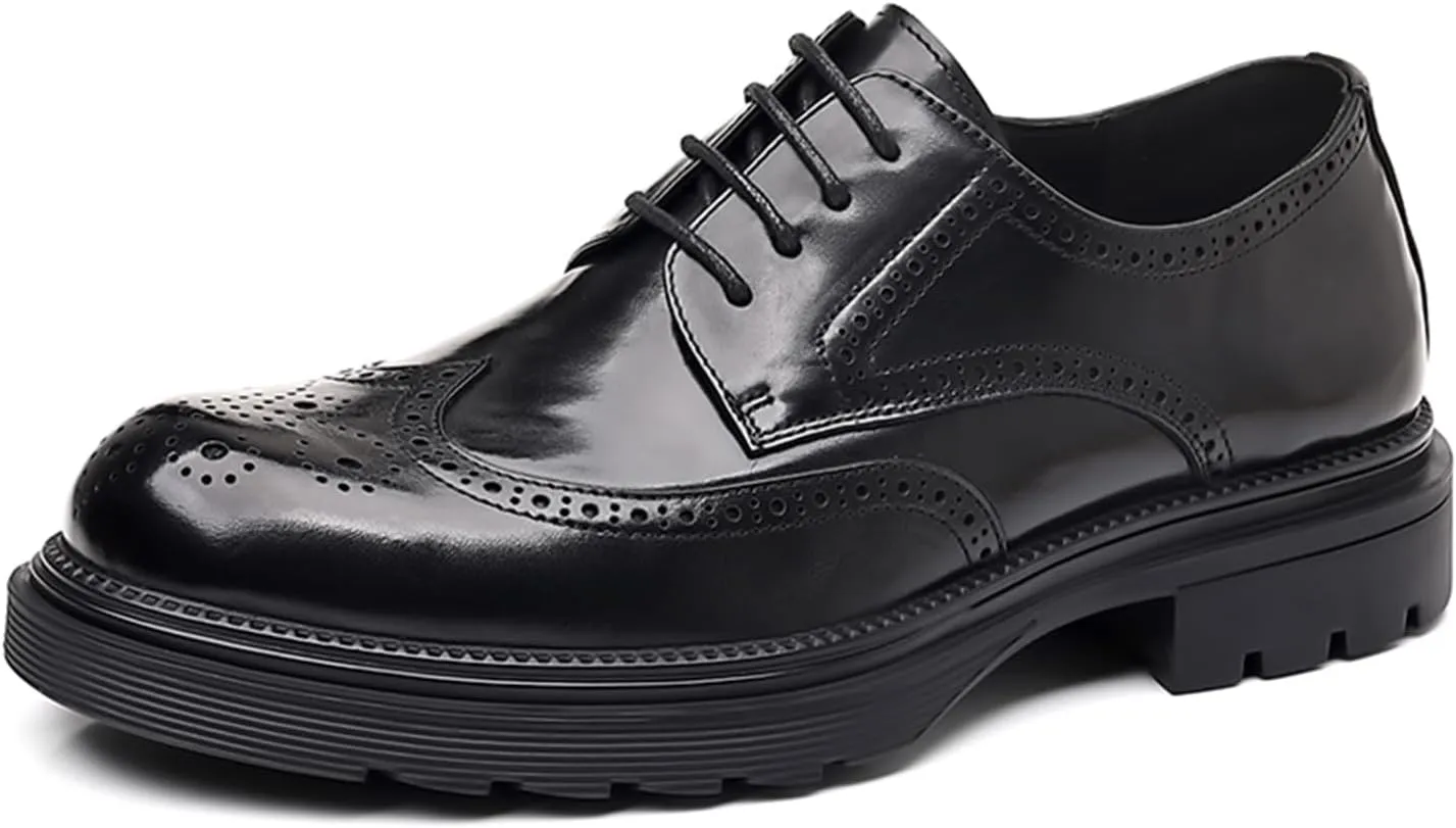 Men's Comfortable Dress Wingtip Brogue Oxford Shoes Breathable Lightweight Genuine Leather Platform Round Toe Business Casual Oxfords