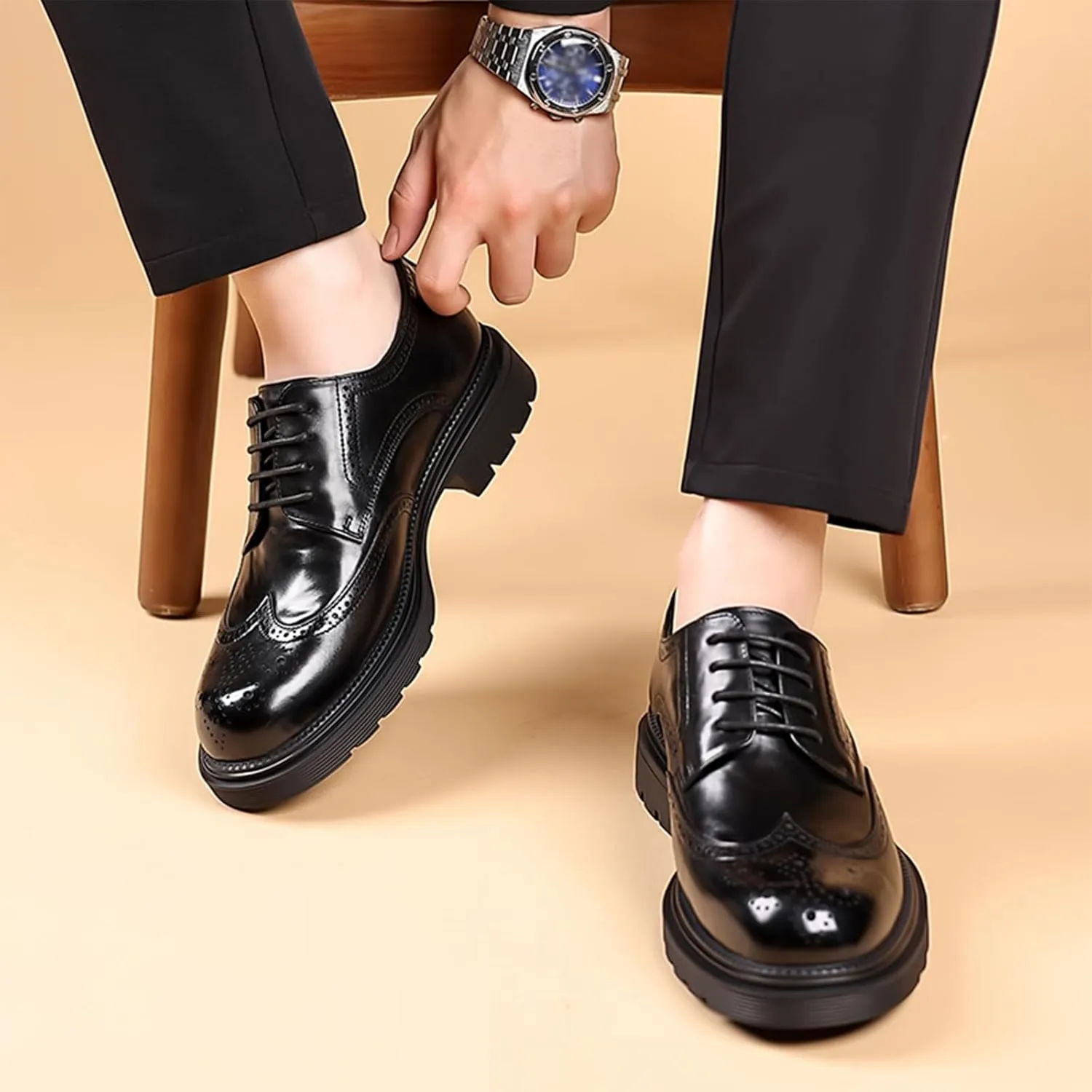 Men's Comfortable Dress Wingtip Brogue Oxford Shoes Breathable Lightweight Genuine Leather Platform Round Toe Business Casual Oxfords