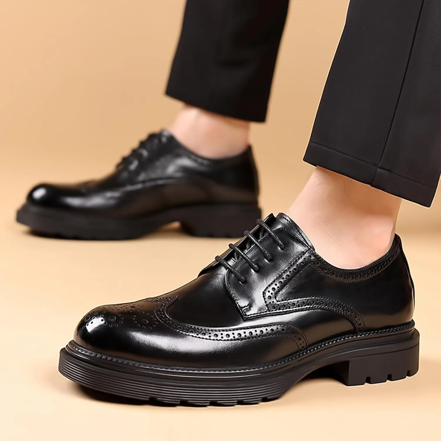 Men's Comfortable Dress Wingtip Brogue Oxford Shoes Breathable Lightweight Genuine Leather Platform Round Toe Business Casual Oxfords
