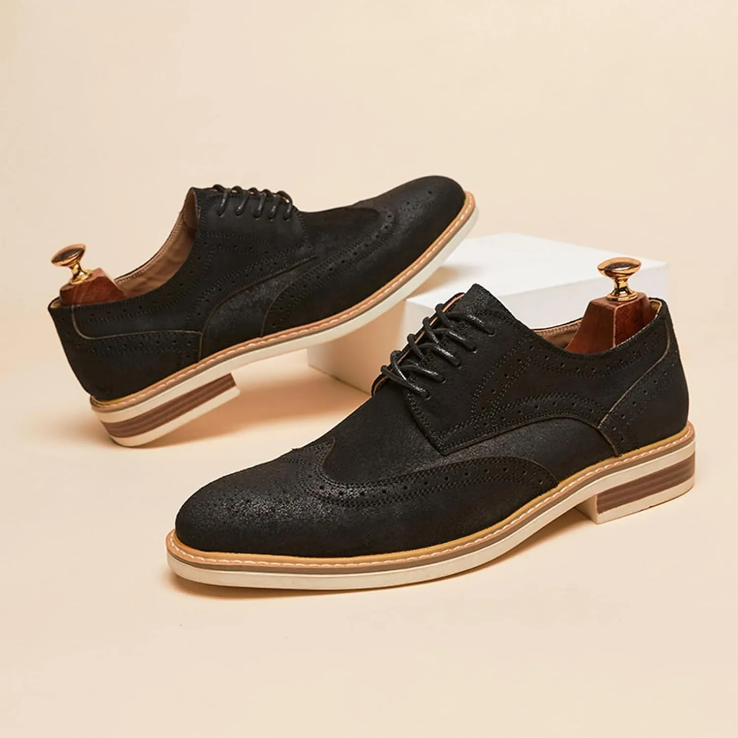 Mens Cow Suede Carved Derby Leather Shoes Retro Classic Comfortable Round Toe Low Heel Lace Up Casual Oxford Shoes Concise Brogue Business Dress Shoes
