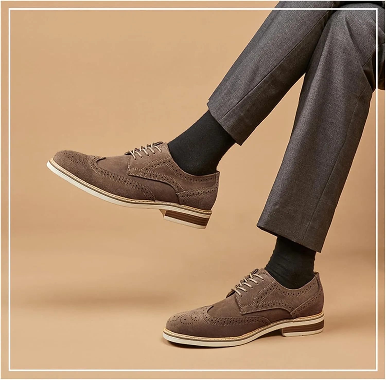 Mens Cow Suede Carved Derby Leather Shoes Retro Classic Comfortable Round Toe Low Heel Lace Up Casual Oxford Shoes Concise Brogue Business Dress Shoes