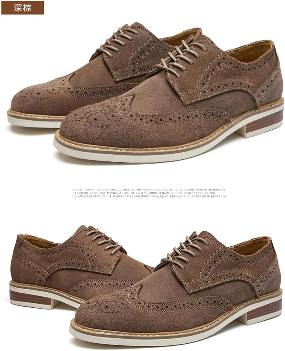 Mens Cow Suede Carved Derby Leather Shoes Retro Classic Comfortable Round Toe Low Heel Lace Up Casual Oxford Shoes Concise Brogue Business Dress Shoes