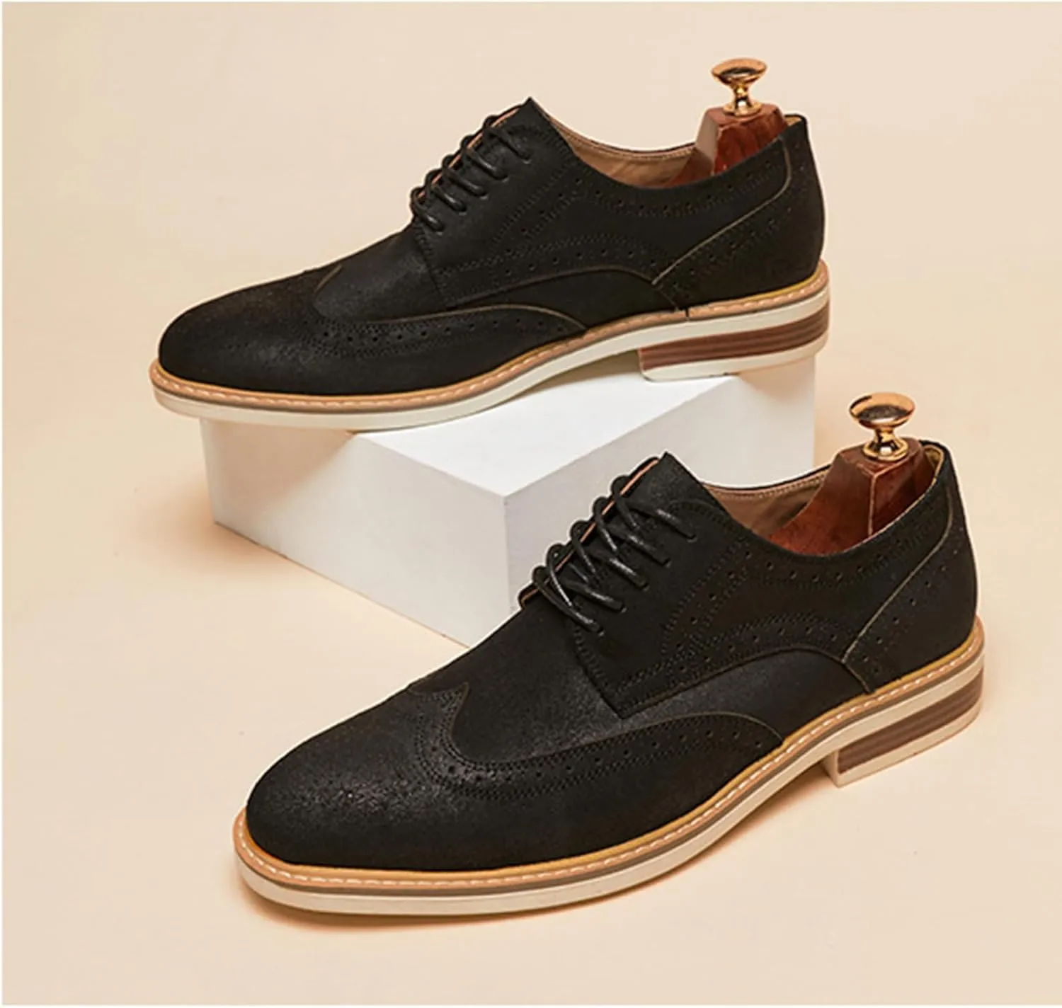 Mens Cow Suede Carved Derby Leather Shoes Retro Classic Comfortable Round Toe Low Heel Lace Up Casual Oxford Shoes Concise Brogue Business Dress Shoes