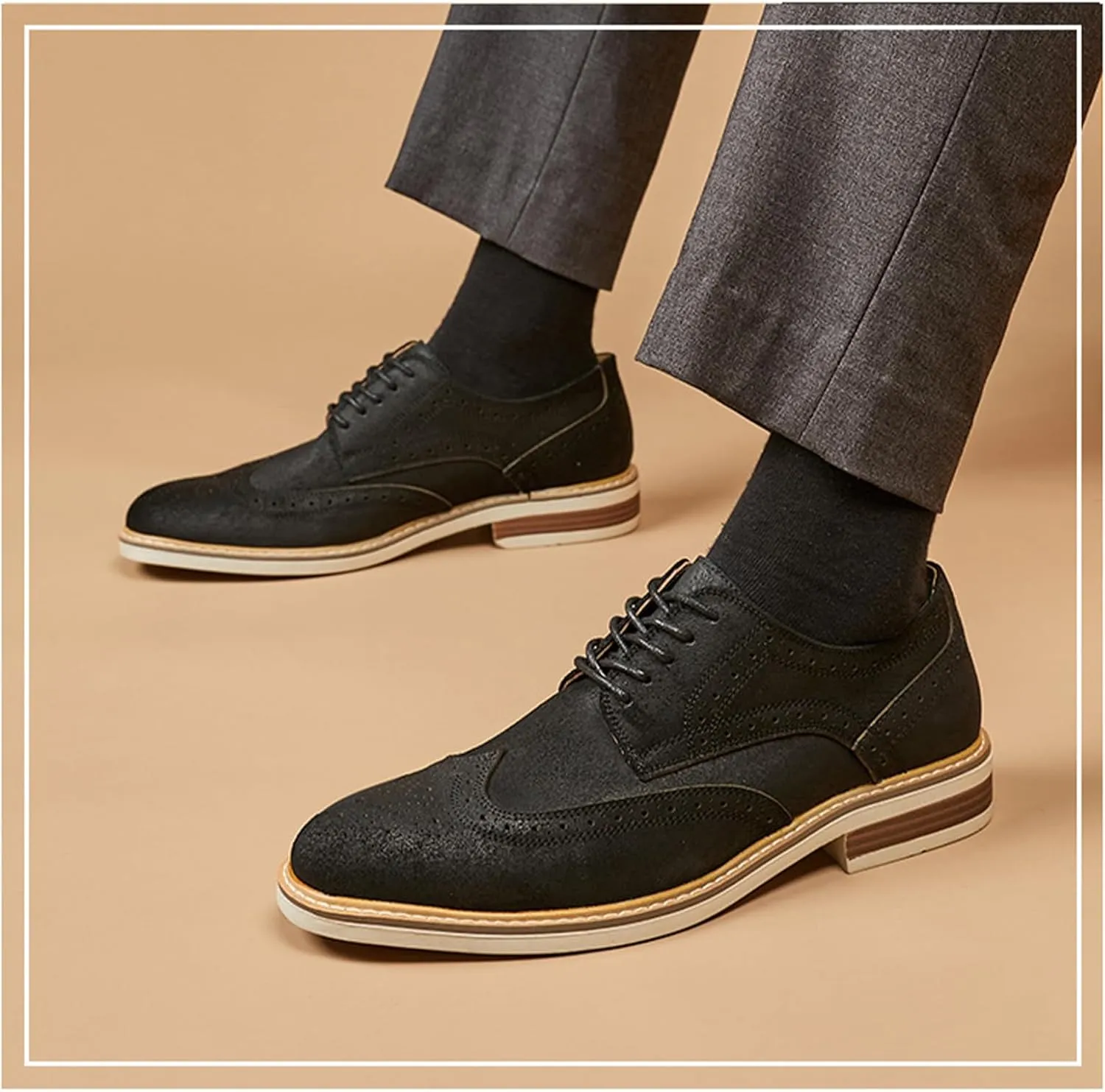 Mens Cow Suede Carved Derby Leather Shoes Retro Classic Comfortable Round Toe Low Heel Lace Up Casual Oxford Shoes Concise Brogue Business Dress Shoes