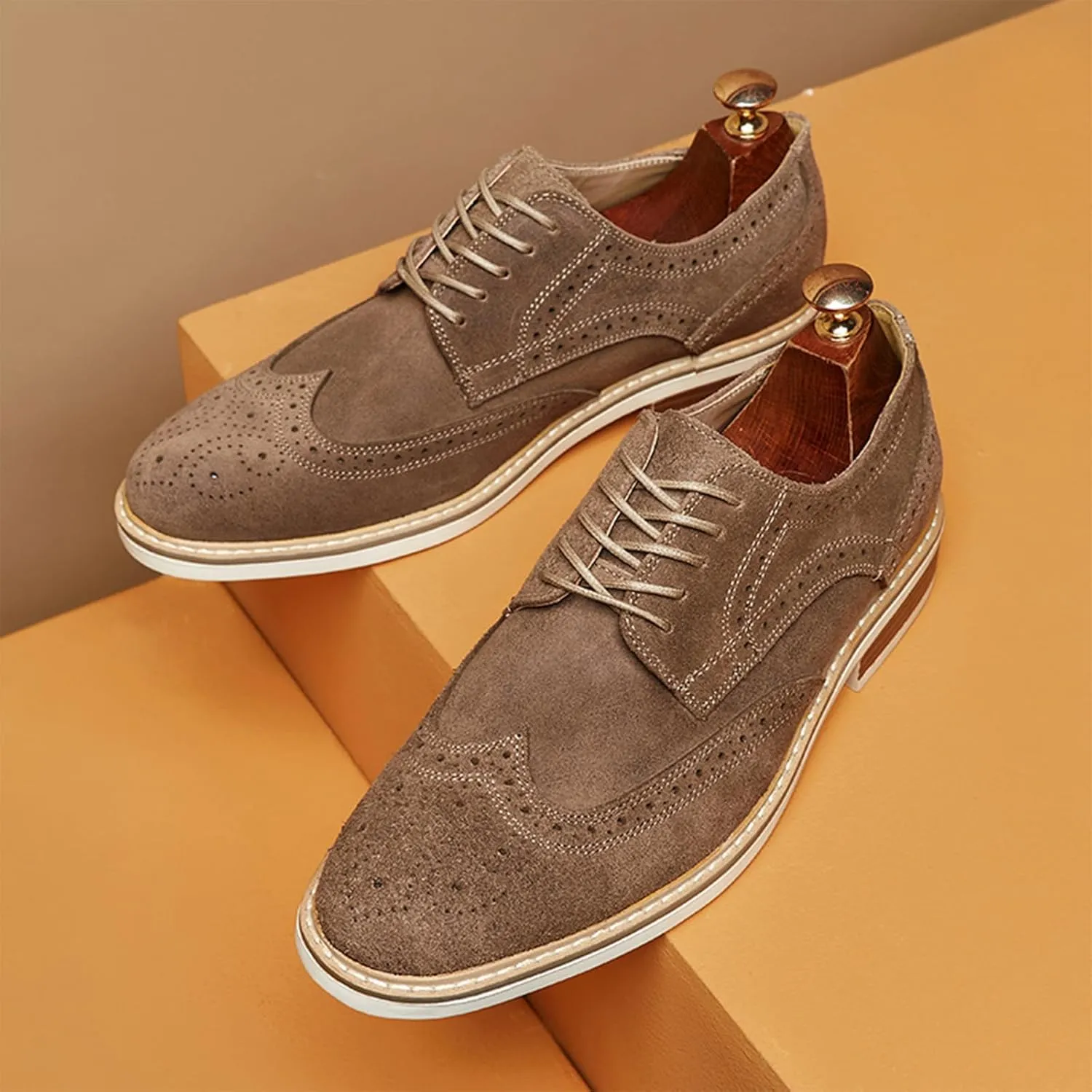 Mens Cow Suede Carved Derby Leather Shoes Retro Classic Comfortable Round Toe Low Heel Lace Up Casual Oxford Shoes Concise Brogue Business Dress Shoes