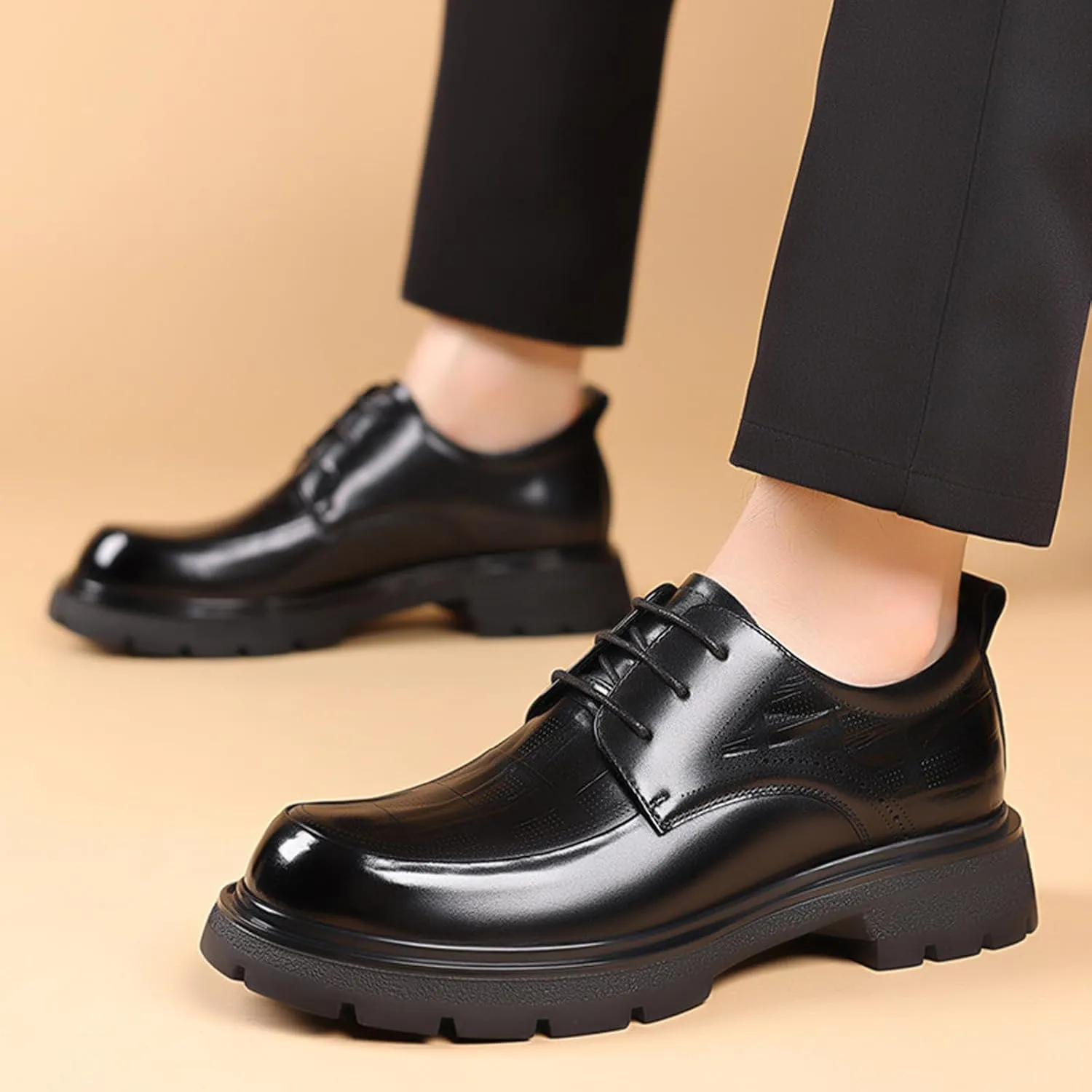 Men's Genuine Leather Round Toe Platform Chunky Heel Brogue Oxfords Retro Classic Hand Stitched Non-Slip Lug Sole Lace Up Block Heel Business Dress Oxfords for Work Office Wedding