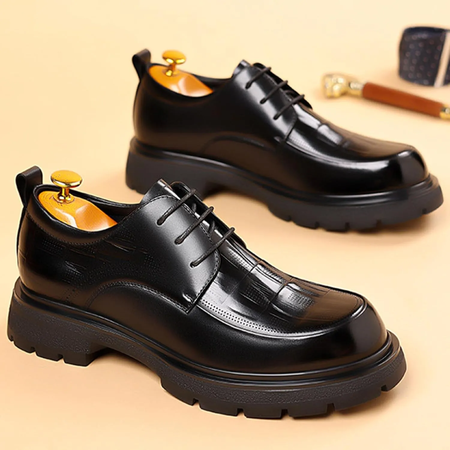 Men's Genuine Leather Round Toe Platform Chunky Heel Brogue Oxfords Retro Classic Hand Stitched Non-Slip Lug Sole Lace Up Block Heel Business Dress Oxfords for Work Office Wedding