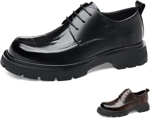 Men's Genuine Leather Round Toe Platform Chunky Heel Brogue Oxfords Retro Classic Hand Stitched Non-Slip Lug Sole Lace Up Block Heel Business Dress Oxfords for Work Office Wedding