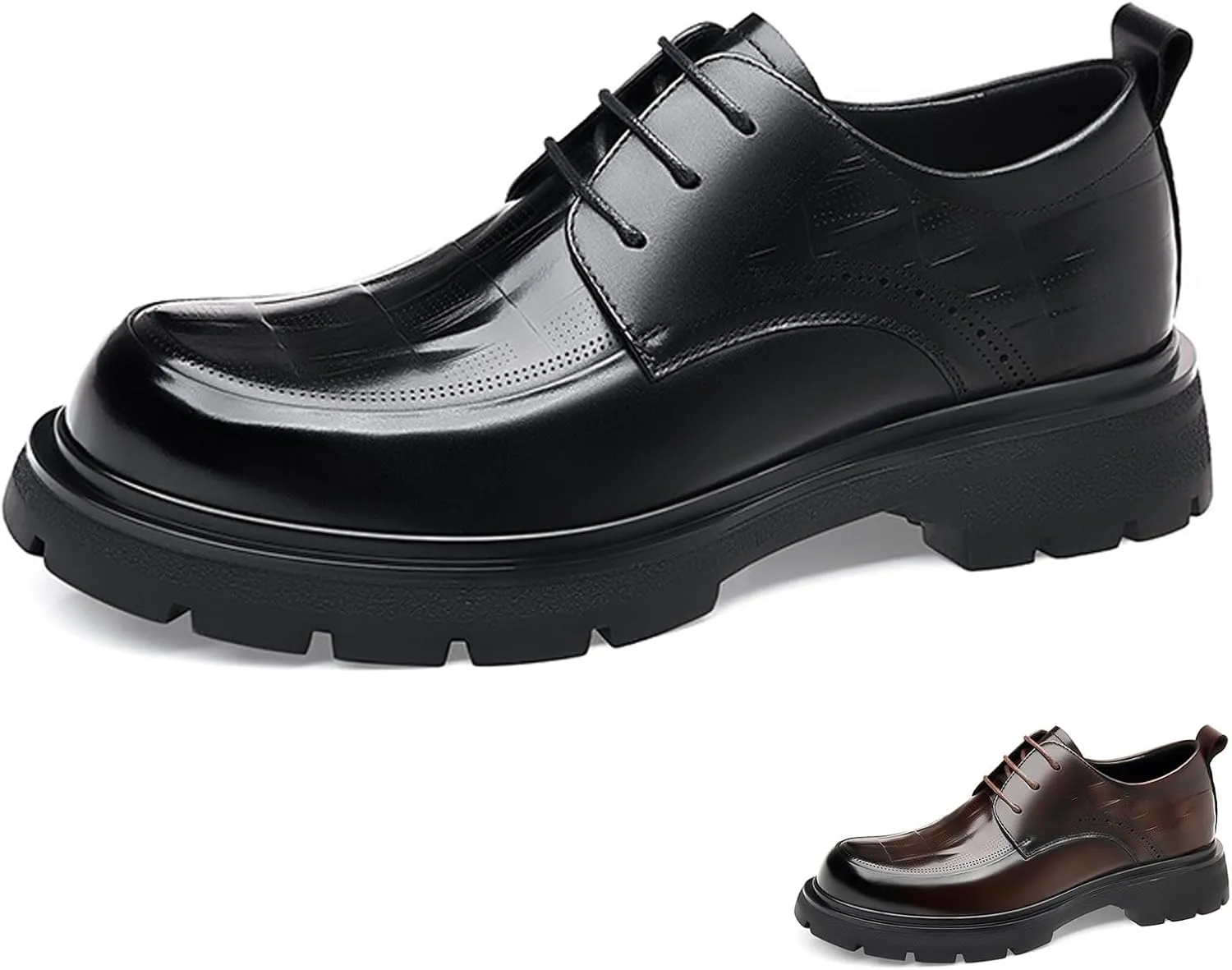 Men's Genuine Leather Round Toe Platform Chunky Heel Brogue Oxfords Retro Classic Hand Stitched Non-Slip Lug Sole Lace Up Block Heel Business Dress Oxfords for Work Office Wedding
