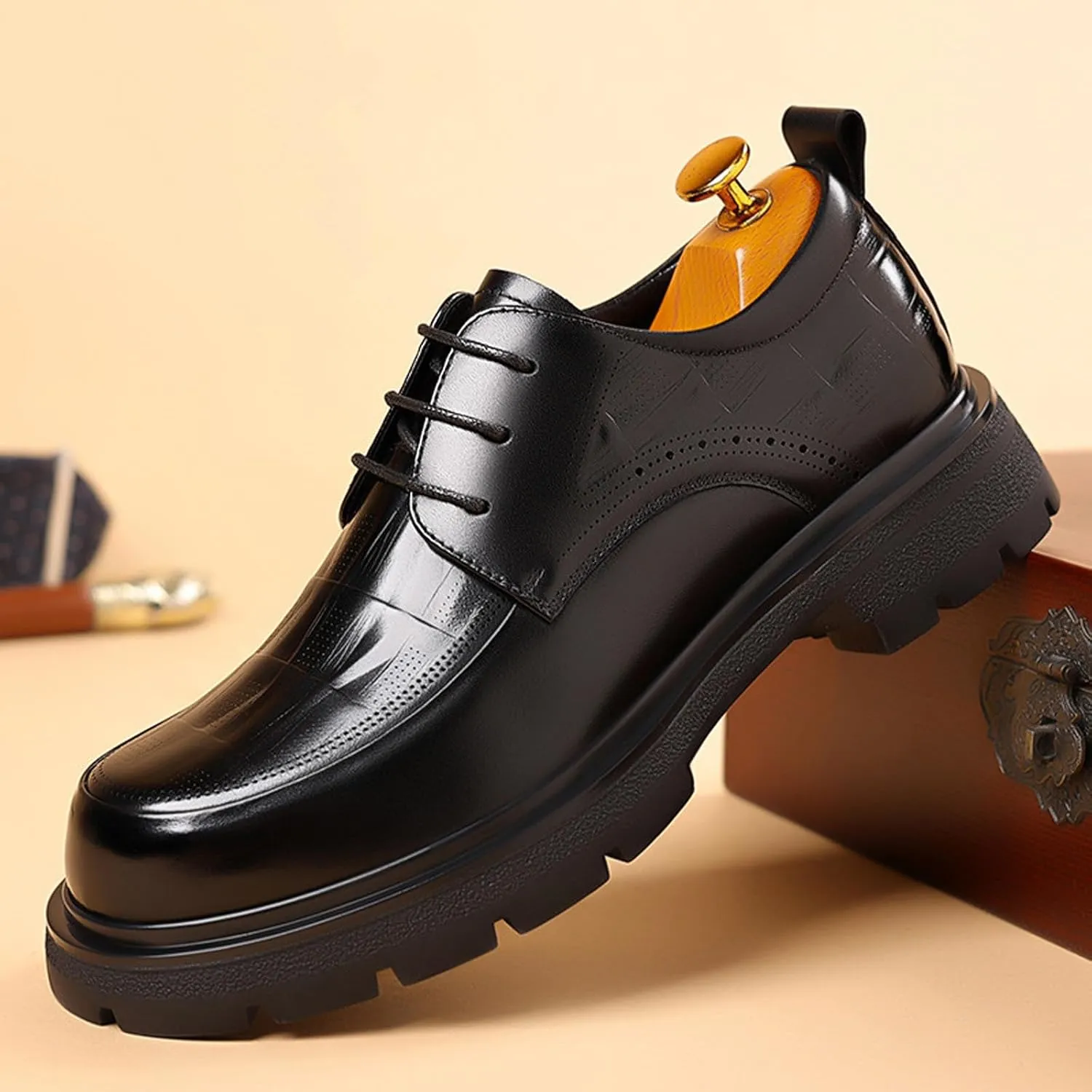 Men's Genuine Leather Round Toe Platform Chunky Heel Brogue Oxfords Retro Classic Hand Stitched Non-Slip Lug Sole Lace Up Block Heel Business Dress Oxfords for Work Office Wedding