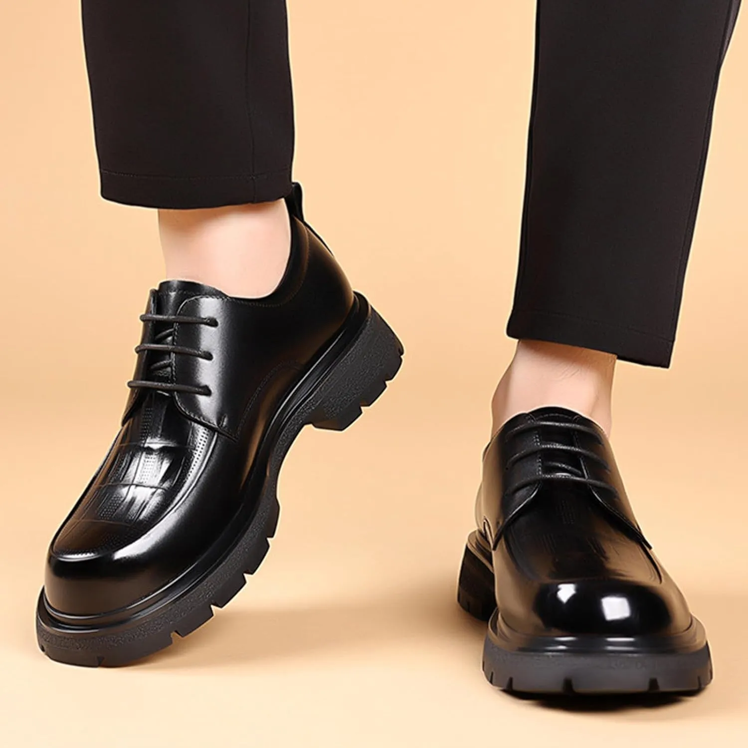 Men's Genuine Leather Round Toe Platform Chunky Heel Brogue Oxfords Retro Classic Hand Stitched Non-Slip Lug Sole Lace Up Block Heel Business Dress Oxfords for Work Office Wedding