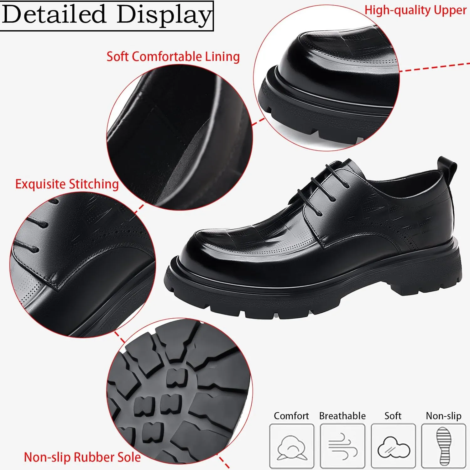 Men's Genuine Leather Round Toe Platform Chunky Heel Brogue Oxfords Retro Classic Hand Stitched Non-Slip Lug Sole Lace Up Block Heel Business Dress Oxfords for Work Office Wedding