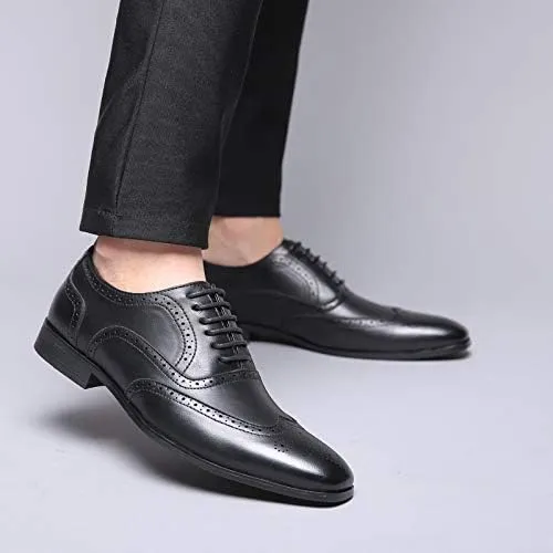 Men's Leather Oxford Wingtip Dress Shoes, Brogue Pattern, Tan Brown, Lace-up