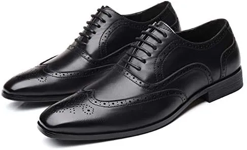 Men's Leather Oxford Wingtip Dress Shoes, Brogue Pattern, Tan Brown, Lace-up
