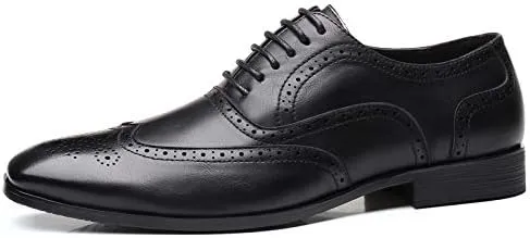 Men's Leather Oxford Wingtip Dress Shoes, Brogue Pattern, Tan Brown, Lace-up