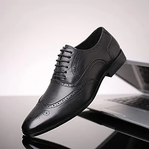 Men's Leather Oxford Wingtip Dress Shoes, Brogue Pattern, Tan Brown, Lace-up