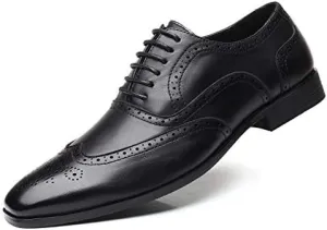 Men's Leather Oxford Wingtip Dress Shoes, Brogue Pattern, Tan Brown, Lace-up