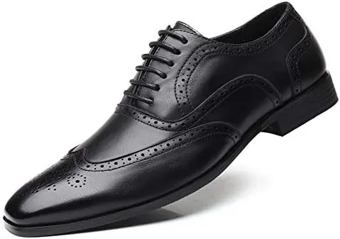 Men's Leather Oxford Wingtip Dress Shoes, Brogue Pattern, Tan Brown, Lace-up