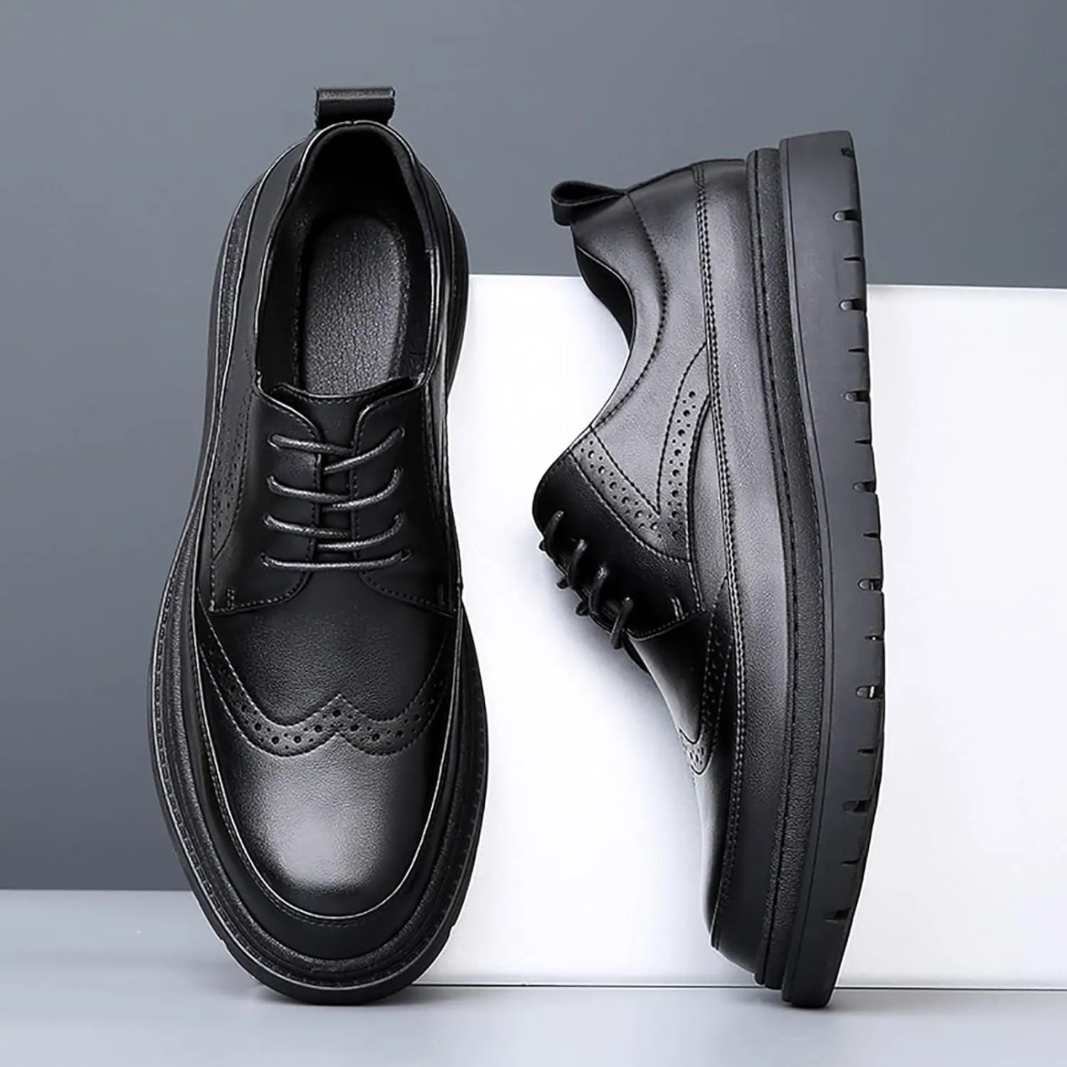 Men's Leather Platform Brogue Oxfords Classic Lace Up Comfortable Round Toe Non-Slip Lug Sole Wingtips Formal Oxford Shoes for Business Work Office Derbys Dress Shoes