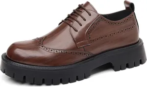 Men's Leather Platform Dress Oxfords Vintage Round Toe Lug Sole Casual Wingtip Brogue Shoes Business Formal Work Shoes
