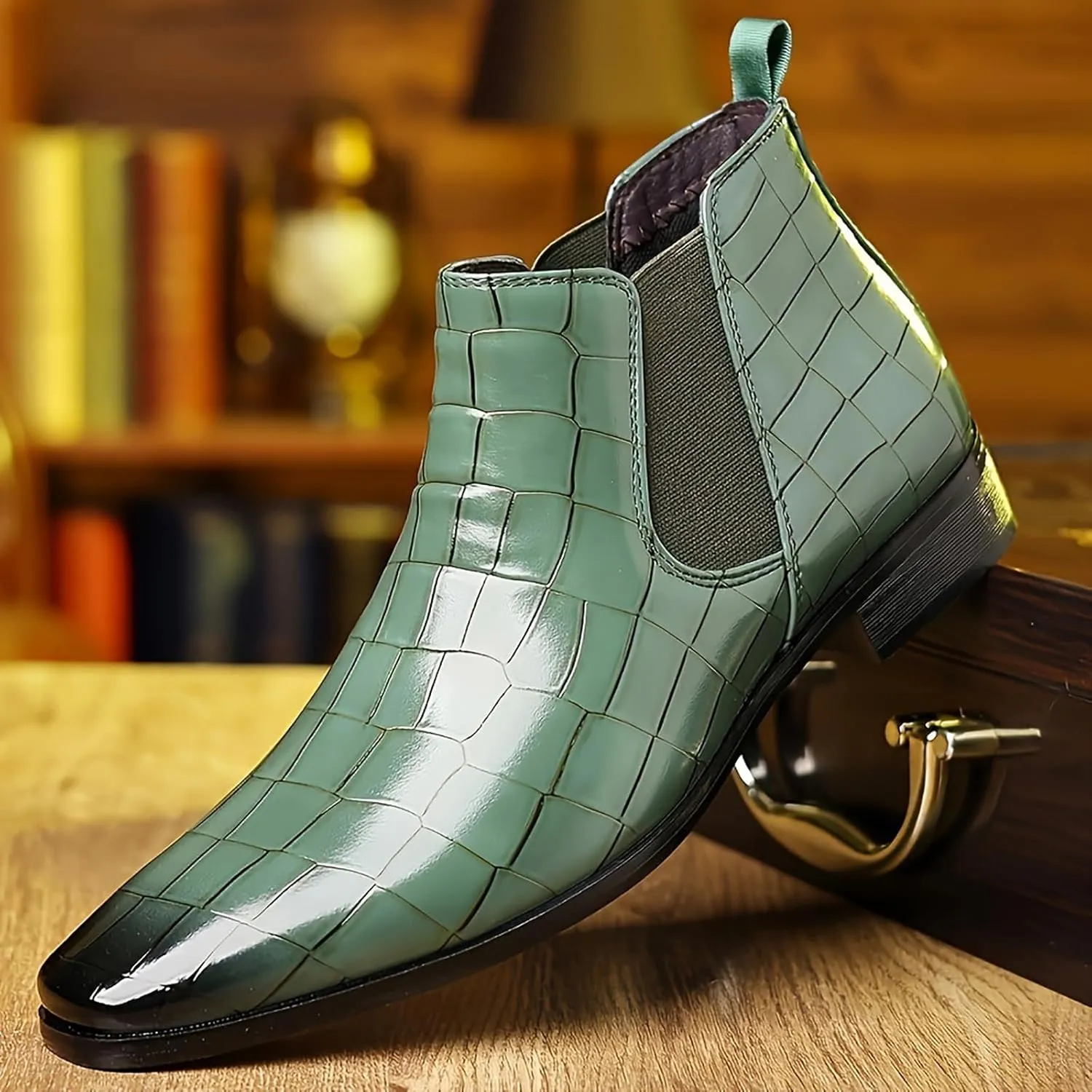 Men's Leather Print Slip On Chelsea Boots Comfortable High Top Pointed Toe Elastic Band Pull On Business Casual Dress Ankle Boots